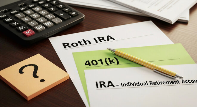 Financial Planning for Retirement with Roth IRA, 401k, and Calculator on Desk.