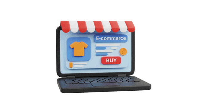 Vector illustration&nbsp;of 3d illustration of an ecommerce laptop with a shopping awning on a transparent background