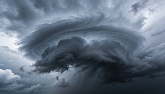 Rotating supercell cloud forming layered shelf and wall cloud, dropping rain shaft over open sky