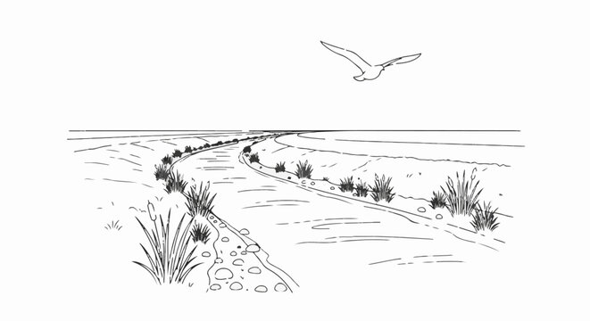 A bird flies over a winding ditch bordered by reeds and pebbles