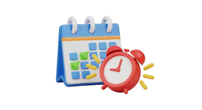 Vector illustration&nbsp;of 3d render of a calendar and alarm clock on a transparent background