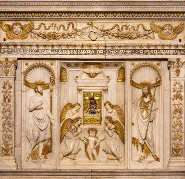 Perugia - The marble polychrome relief (altar) in church Basilica di San Pietro by Mino da Fiesole (1453)