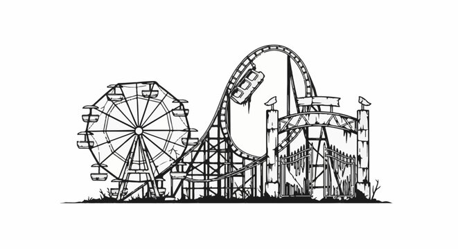 A black and white illustration of an abandoned amusement park