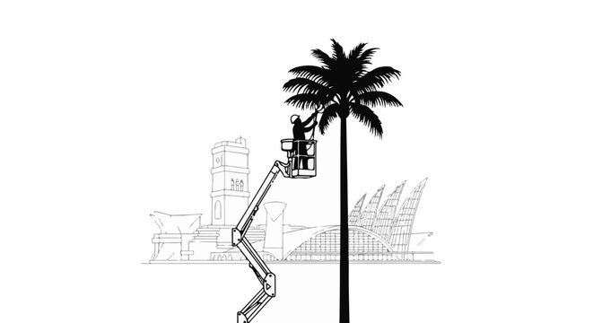 Worker in lift trims palm tree before distinctive architectural skyline