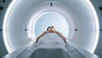Fototapeta premium Lying patient wearing hospital blanket resting inside MRI bore on patient table, overhead lighting