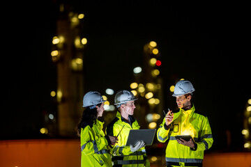 Fototapeta premium Petrochemical industry night engineer teamwork working on laptop Team of Petroleum in Glowing Workwear Collaborating oil refinery plant construction site at night