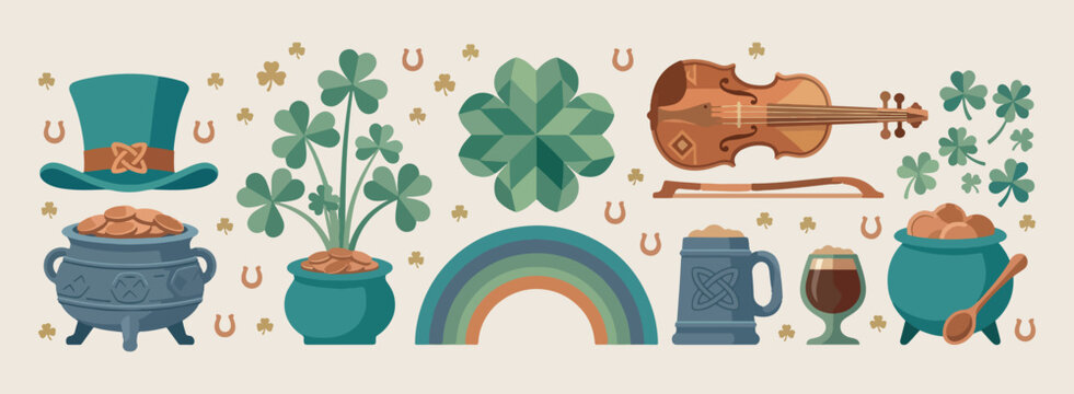 Lucky shamrock clover and rainbow pattern, St. Patrick's day holiday and nature graphics, green four leaf clover and luck vector, minimalist spring garden and pot of gold, cheerful Irish celebration a