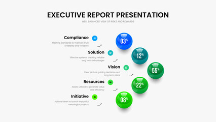 Obraz premium Company Portfolio Five Step Diagram Slideshow Layout. Digital Plan 5 Option Graph Frame Design. Corporate Launch Slide Template Vector Illustration.