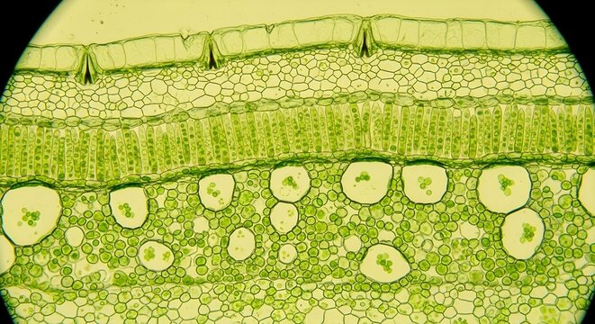 Microscopic view of plant leaf cross-section showing glandular trichomes.