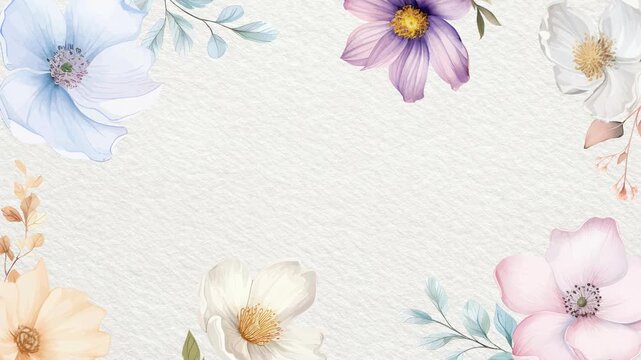 Floral background template with animated watercolor pastel flowers on white paper texture and copy space for text. Animated floral frame on paper background.