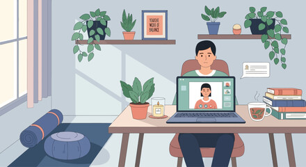Obraz premium Man working from home on laptop, video call with colleague, plants, yoga mat, cozy home office