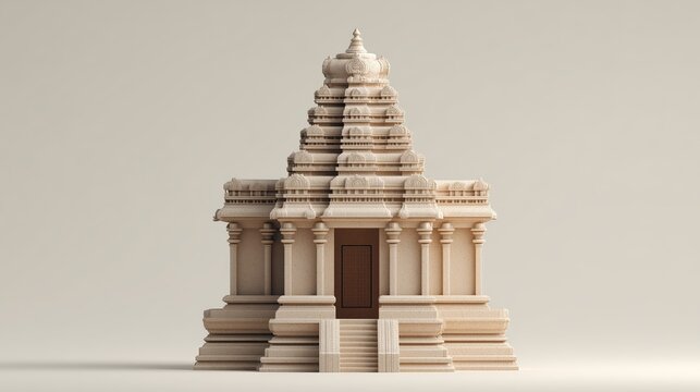 A Dravidian-style Hindu temple with a multi-tiered pyramidal tower (vimana), vertical ribs, decorative elements, stone columns, and a staircase on a light beige background.
