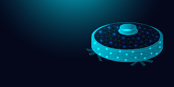 Low poly wireframe robot vacuum cleaner on dark blue background.
