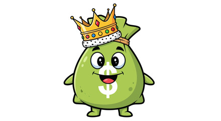 Fototapeta premium Cartoon Money Bag King with Crown, Funny Character, Financial Success