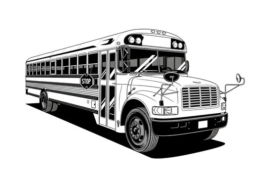 a black and white illustration of a school bus on a plain background, suitable for educational or transportation themes