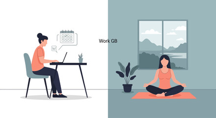 Obraz premium Woman working at desk and meditating by window, work-life balance concept
