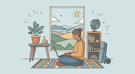 Obraz premium Woman working on laptop at home with scenic view of nature landscape through window