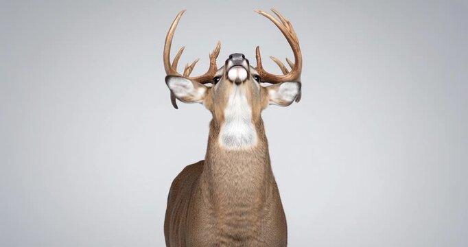 Graceful deer buck with large antler motion wildlife mammal animal nature studio gray background majestic portrait outdoors forest stag posing against light background calm expression detailed fur