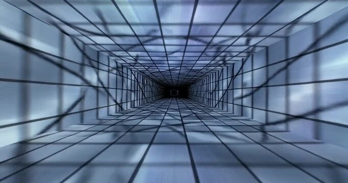 Abstract tunnel perspective geometric pattern futuristic architecture glass wall blue gradient depth motion blur modern design vanishing point metal frame symmetry grid line reflective surface