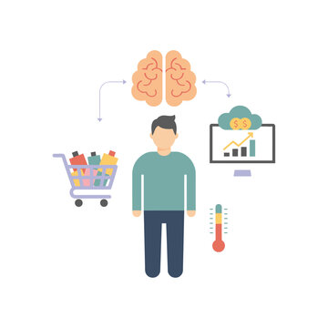 Healthy Man Measuring Body Temperature with Shopping Cart and Mindful Graph