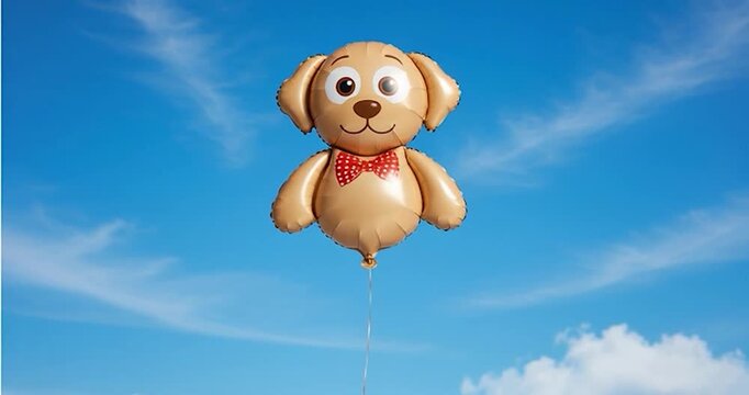 Cute balloon dog puppy cartoon toy red bow tie helium balloon smiling brown dog balloon floating blue sky background with white cloud cheerful outdoor party decoration concept children fun joyful