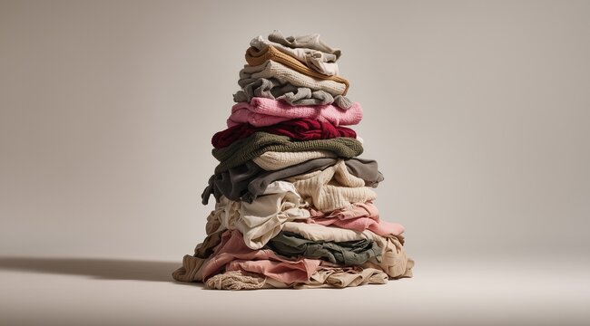 Pile of clothes overconsumption fast fashion concept excessive wardrobe textile waste minimal background