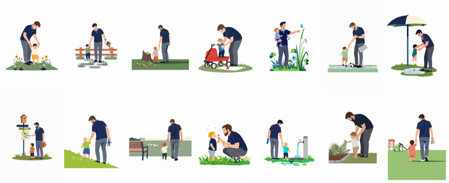 Set of 14 flat vector illustrations of a father and his young son enjoying diverse outdoor activities and nature together in a park.