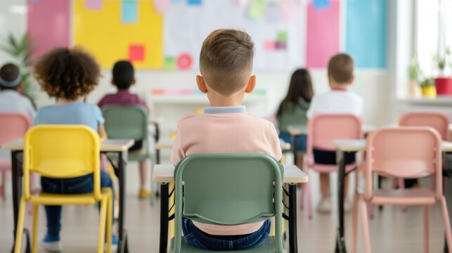 View from the back of a diverse group of elementary school children sitting attentively at their desks in a colorful and well lit modern classroom