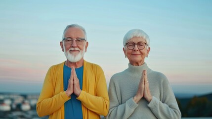 Fototapeta premium A senior man and woman clasp hands in a gesture of peace and well being meditating against a vibrant twilight sky representing serenity and healthy aging lifestyle