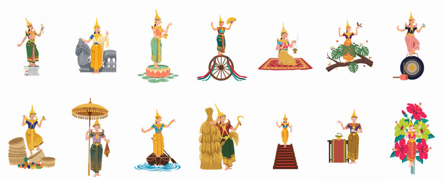 Collection of flat vector illustrations depicting women in ornate traditional Cambodian and Southeast Asian costumes engaged in various cultural activities and symbolic poses.