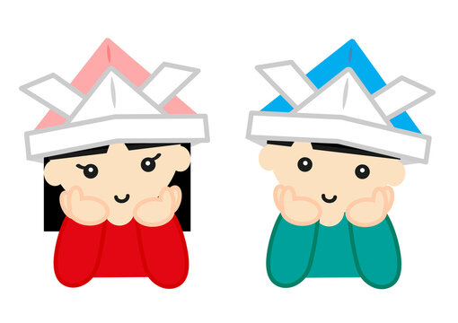 折り紙の兜をかぶって頬杖をつく男の子と女の子のイラスト