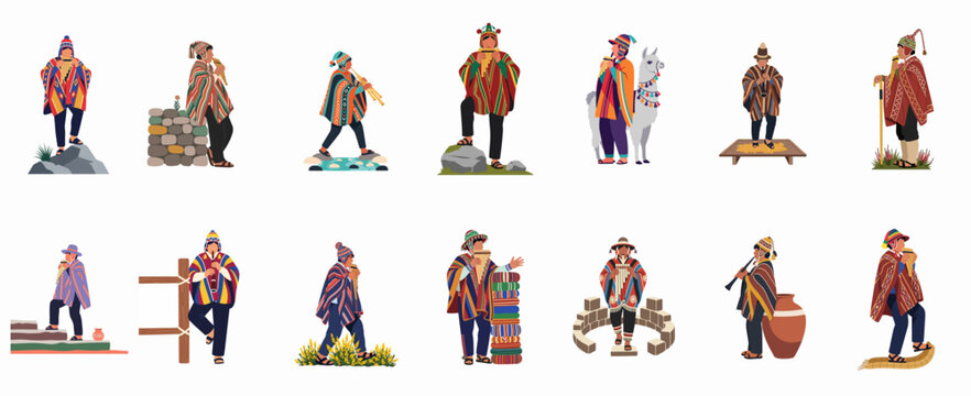 Collection of diverse flat vector illustrations featuring Andean men in traditional colorful ponchos playing panpipes and flutes, isolated on white background.