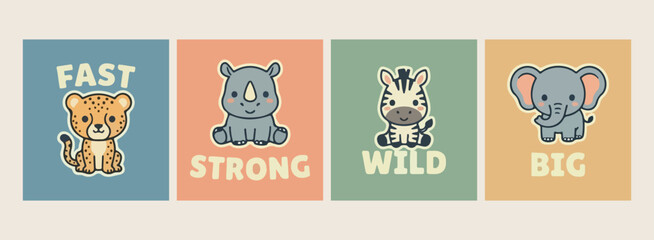 rhino and zebra strong wild animals with strong and wild text, minimalist flat vector safari design, aesthetic orange and green character art, modern hand drawn doodle animals, professional graphic de © Geetaroy