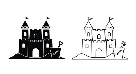 Simple black and white illustrations of a sandcastle with a bucket and shovel © Rakib