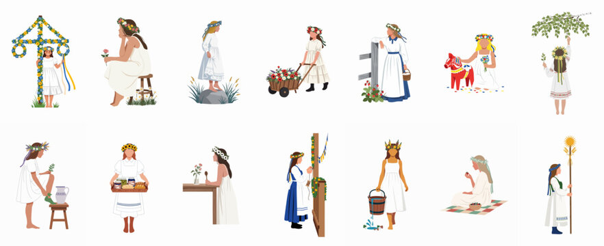 Flat illustration set of Swedish Midsummer traditions featuring girls in white dresses and flower crowns, celebrating Midsommar with various cultural activities.