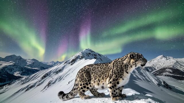 Snow leopard in majestic mountain landscape under vibrant aurora borealis