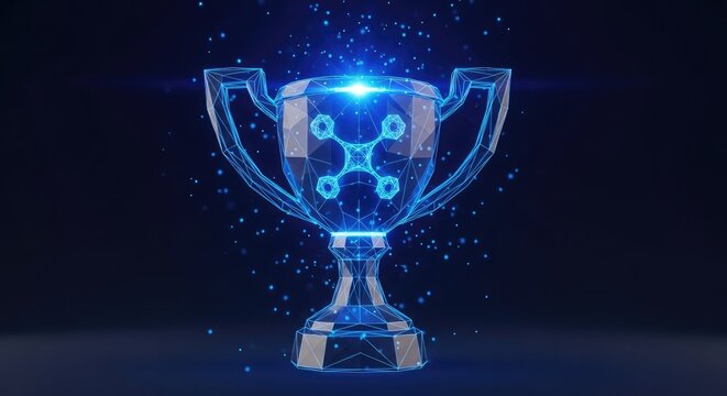 A glowing blue trophy cup with a molecular structure design is awarded in a dark room with a spotlight.