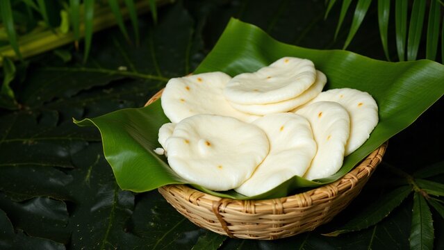 Traditional Pathiri on Banana Leaf in Bamboo Basket