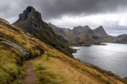 Mountain trail following the coastline under dramatic clouds in norway