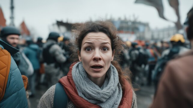 A woman in the crowd at a rally. A young woman in a scarf and vest against a background of people in helmets and gear, a city street, demonstration or protest, daylight, without specifying a holiday.