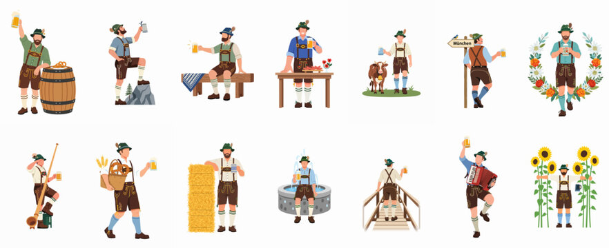Collection of Bavarian men in traditional lederhosen celebrating Oktoberfest with beer, pretzels, and instruments in various scenes, vector illustration set.