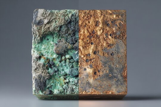 Corroded copper metal block splitting into oxidized green and raw metallic sides