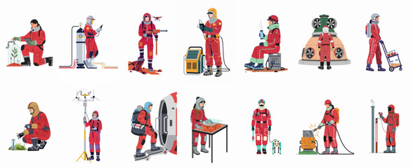 Illustrations of astronauts performing diverse scientific and technical tasks on a Mars colony base, showcasing future space exploration and settlement activities. © Cristina