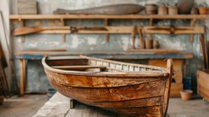 Obraz premium Detailed view of an aged wooden boat interior showcasing handcrafted elements and the artisanal environment of a boat building workshop with shelves of tools and materials