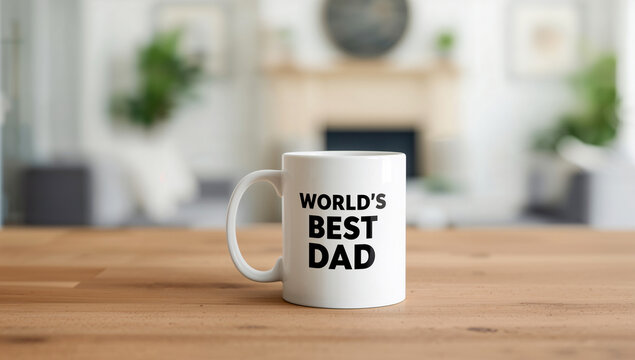 White coffee mug with 'World's Best Dad' text on a wooden table for Father's Day celebration