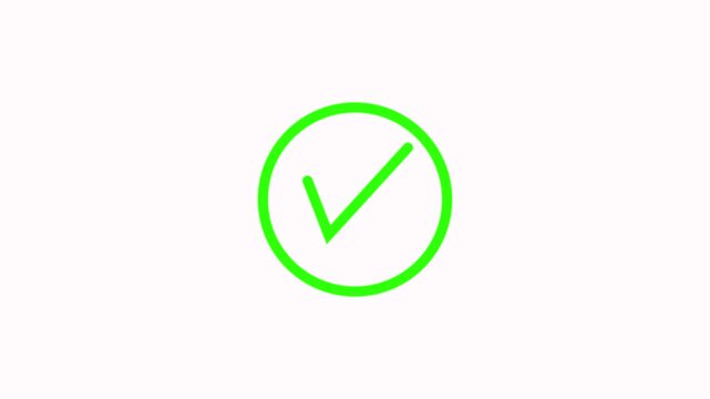 Animated reveal of a white check mark icon inside a green circle . Clean tick approval symbol animation.