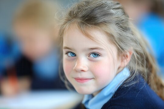 Young girl with blue eyes posing in her school uniform during class