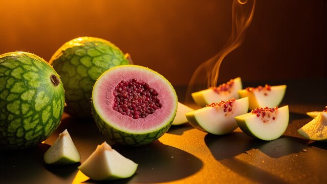 Glowing Kiwano Melon Slices in Warm Spotlight