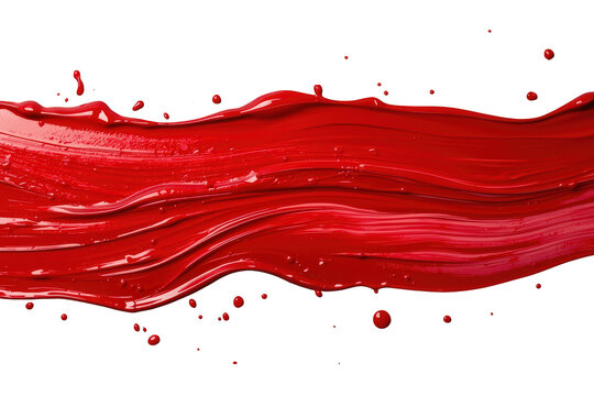 Red paint brush stroke texture with liquid drops, smearing glossy acrylic for creative art background, transparent