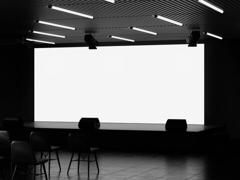 LED Large Screen Mockup 3D Rendering in a Conference Hall Cinema